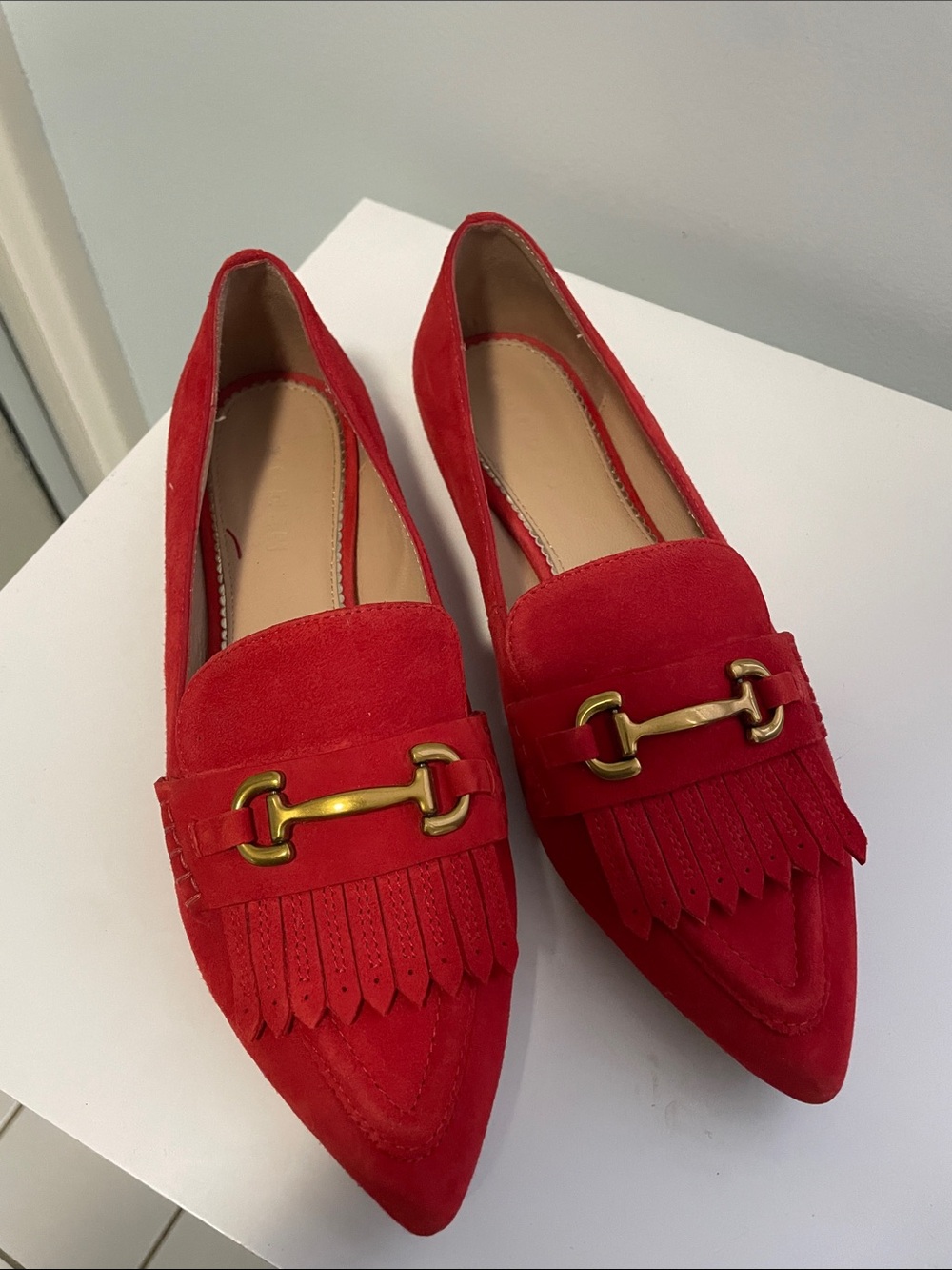 Boden Red Suede Pointed-Toe Kiltie Loafers with Gold Horsebit